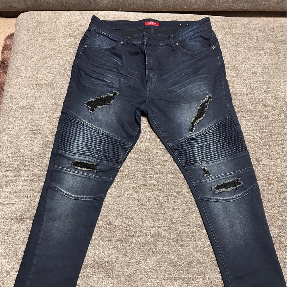 Guess Men's Dark Blue Distressed Skinny Jeans 38x32